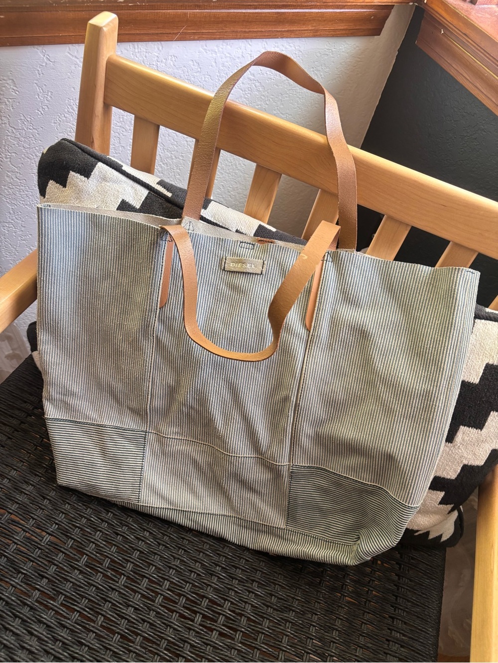 Diesel Striped Leather Tote Bag with Coin Purse